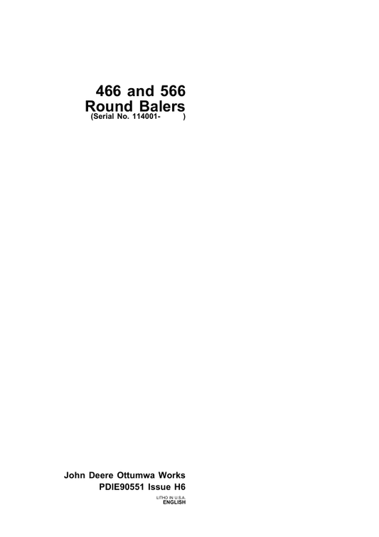 JOHN DEERE 466, 566R ROUND BALER PRE DELIVERY INSTRUCTION MANUAL PDIE90551
