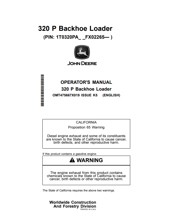 JOHN DEERE 320 P BACKHOE LOADER OPERATOR MANUAL OMT475667X019