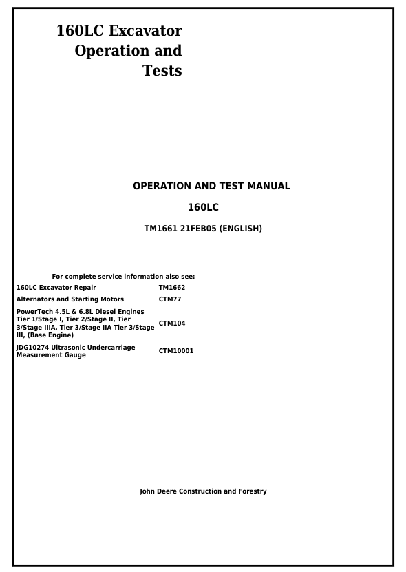 JOHN DEERE 160LC EXCAVATOR OPERATION AND TEST MANUAL TM1661