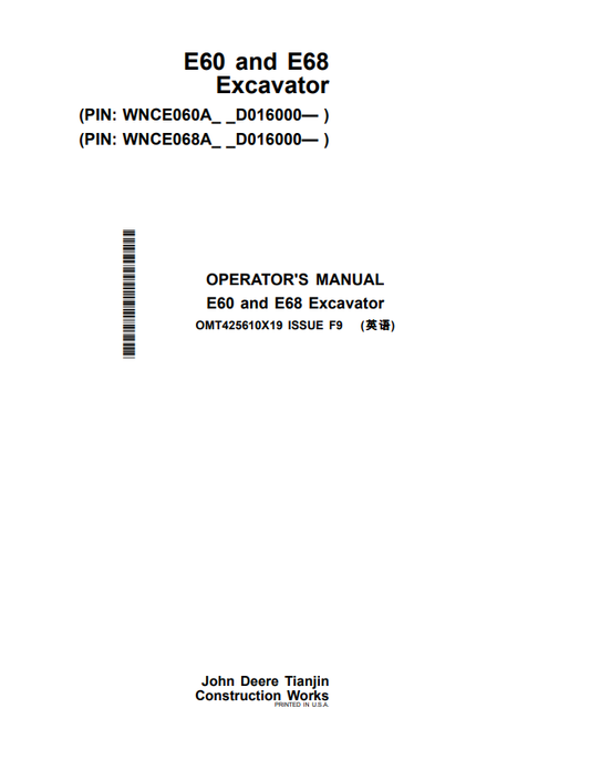 JOHN DEERE E60 AND E68 EXCAVATOR OPERATOR MANUAL OMT425610X19