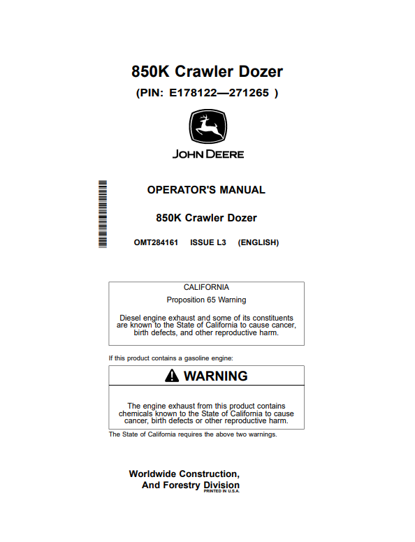 JOHN DEERE 850K CRAWLER DOZER OPERATOR MANUAL OMT284161