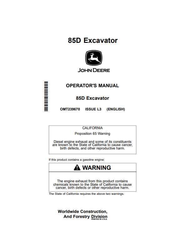 JOHN DEERE 85D EXCAVATOR OPERATOR MANUAL OMT239670