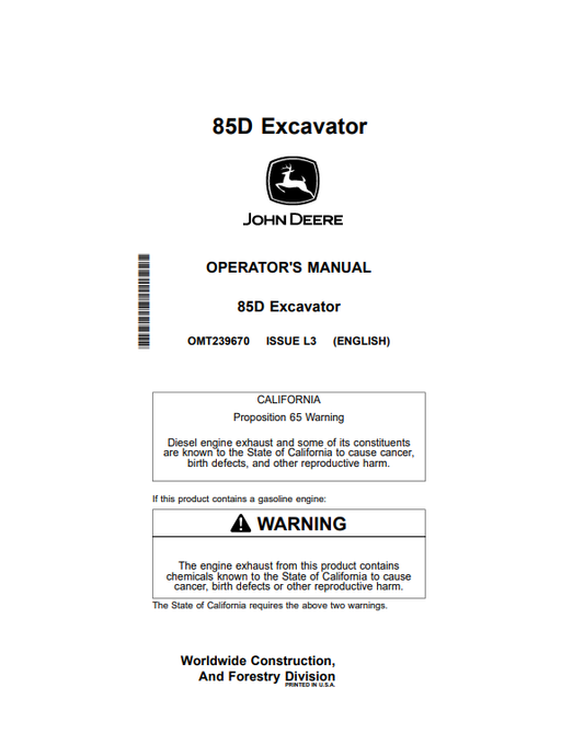 JOHN DEERE 85D EXCAVATOR OPERATOR MANUAL OMT239670