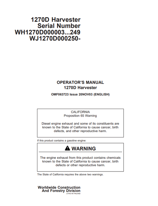 JOHN DEERE 1270D HARVESTER OPERATOR MANUAL OMF063723