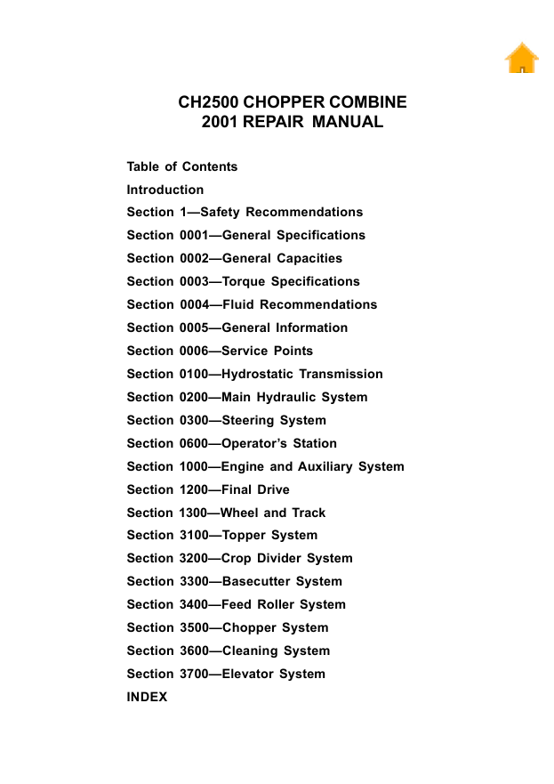 JOHN DEERE CHOPPPER COMBINE CH2500 2001 1066 REPAIR MANUAL