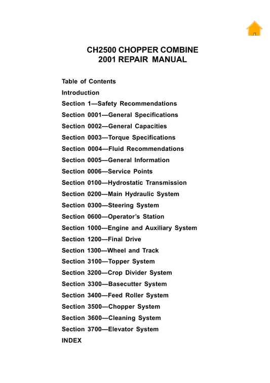 JOHN DEERE CHOPPPER COMBINE CH2500 2001 1066 REPAIR MANUAL