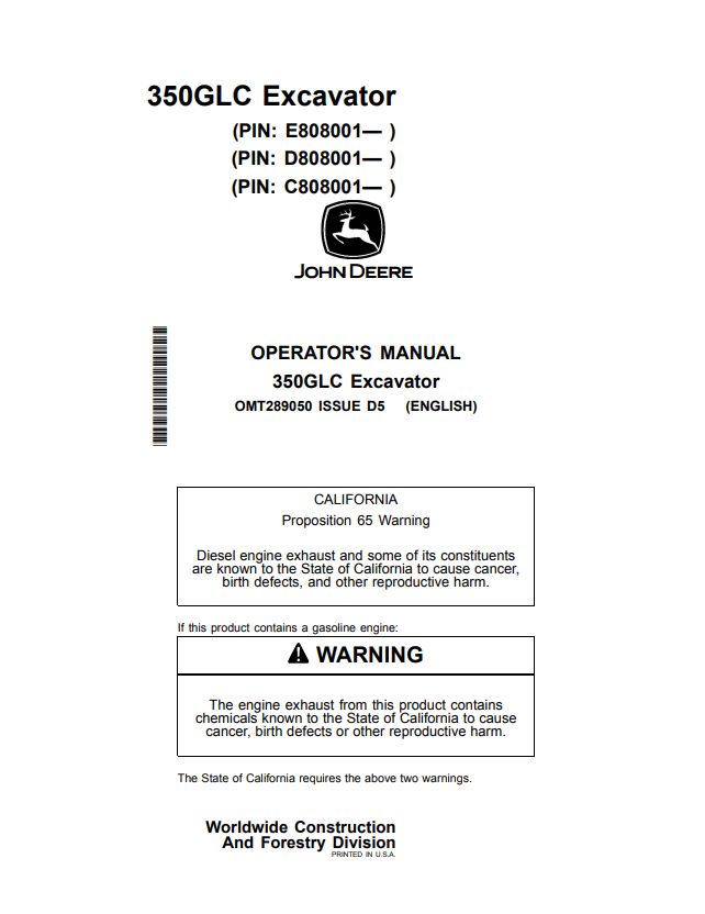 JOHN DEERE 350GLC EXCAVATOR OPERATOR MANUAL OMT289050