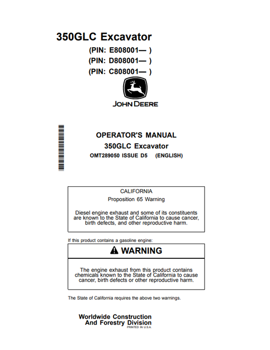 JOHN DEERE 350GLC EXCAVATOR OPERATOR MANUAL OMT289050