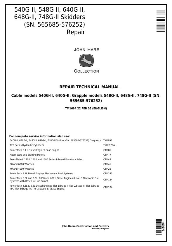JOHN DEERE 540G-II, 548G-II, 640G-II, 648G-II, 748G-II SKIDDER REPAIR TECHNICAL MANUAL TM1694