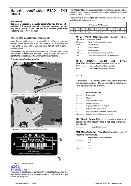 JOHN DEERE 312GR AND 314G SKID STEER LOADER REPAIR MANUAL TM13851X19
