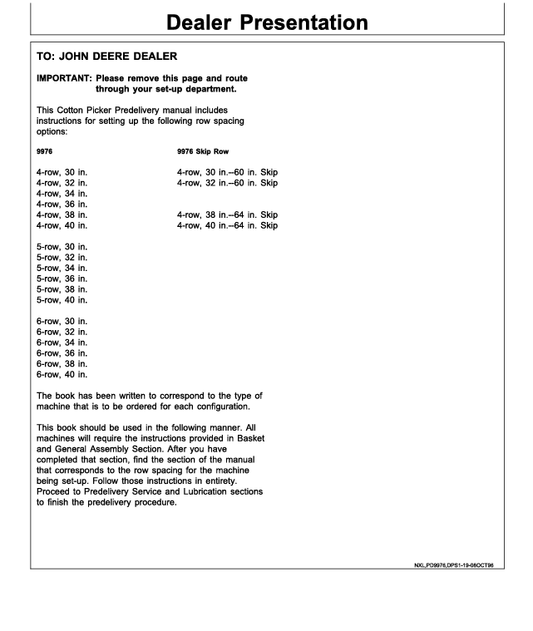 JOHN DEERE COTTON PICKER DES MOINES WORK 9976 PDIN200527 ISSUE D8 PRE DELIVERY INSTRUCTION MANUAL