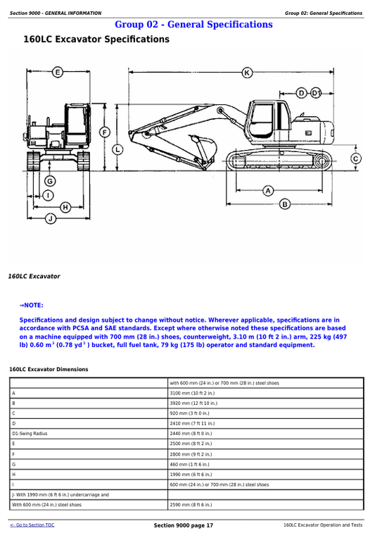 JOHN DEERE 160LC EXCAVATOR OPERATION AND TEST MANUAL TM1661