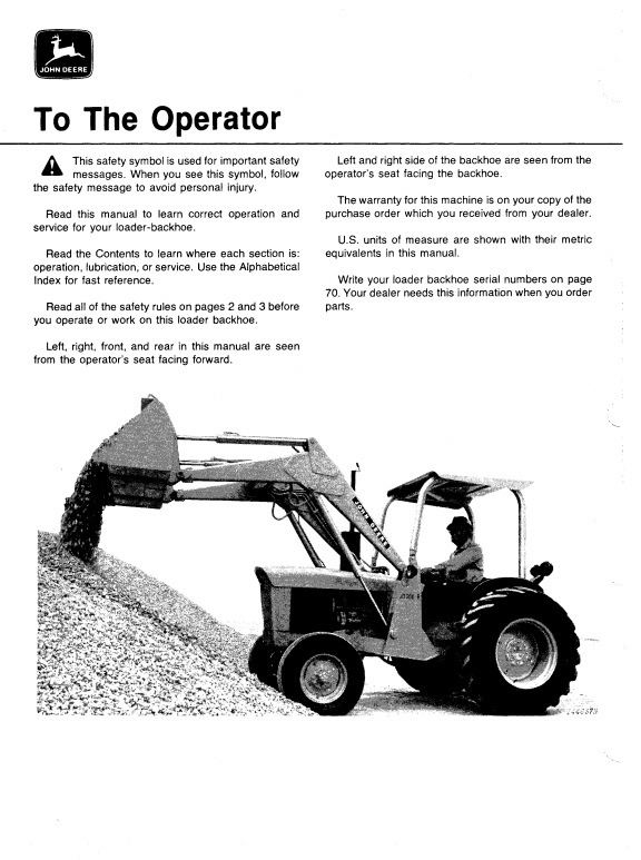 JOHN DEERE 300B BACKHOE LOADER OPERATOR MANUAL OMT79302