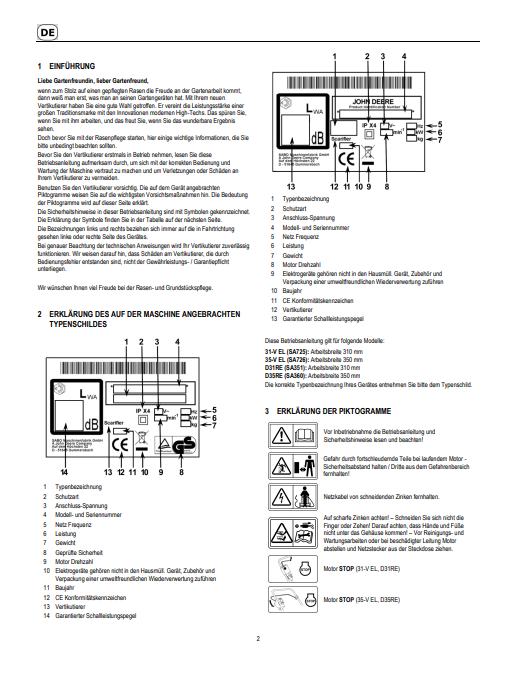 JOHN DEERE 31-V EL (SA725), 35-V EL (SA726), D31RE (SA351), D35RE (SA360) SCARIFIER OPERATOR MANUAL SAU14748