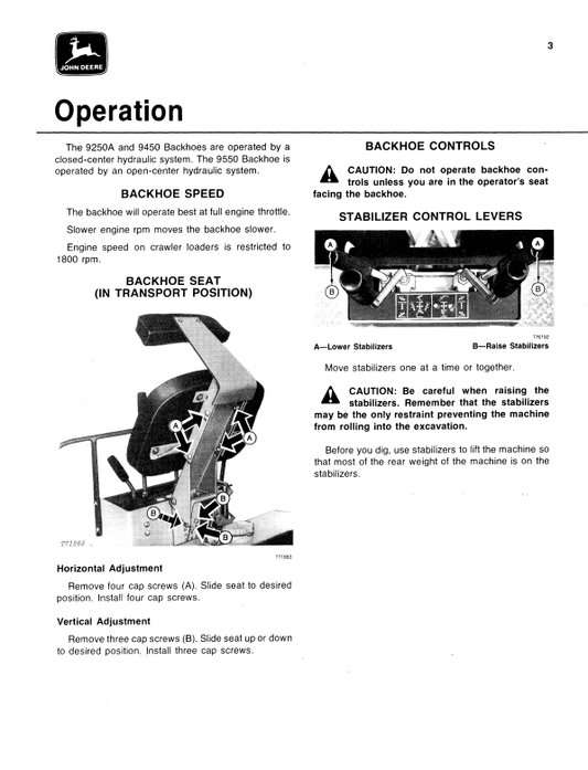 JOHN DEERE 9250A, 9450 AND 9550 BACKHOE OPERATOR MANUAL OMT73799