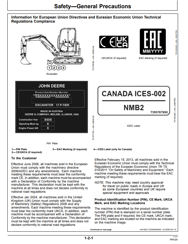 JOHN DEERE 17 P EXCAVATOR OPERATOR MANUAL OMT506563X019