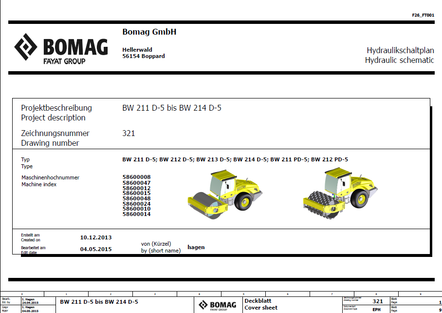 BOMAG BW 211 D-5 SINGLE DRUM VIBRATORY ROLLER ELECTRIC, HYDRAULIC SCHEMATIC DIAGRAM MANUAL 101586471001 - 101586471028