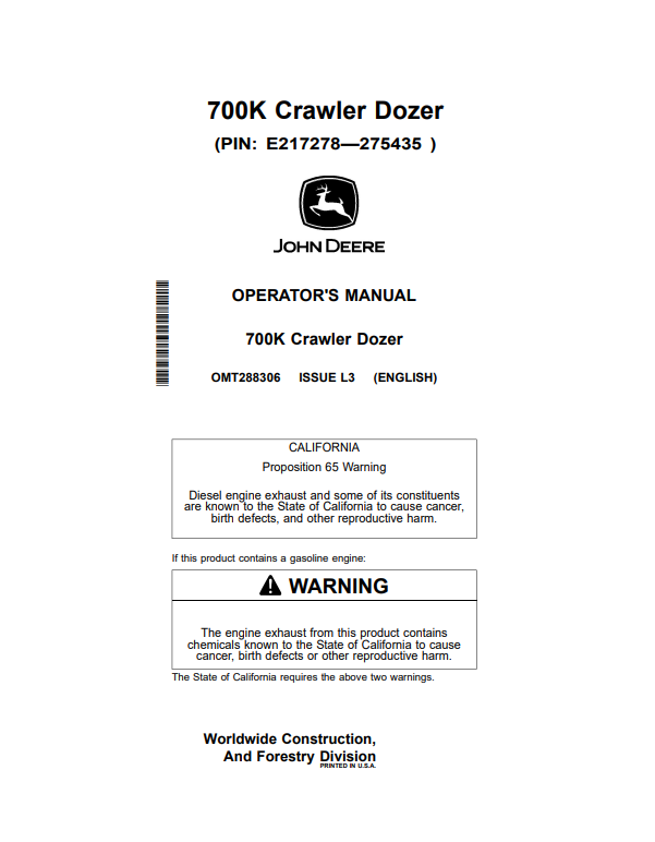 JOHN DEERE 700K CRAWLER DOZER OPERATOR MANUAL OMT288306
