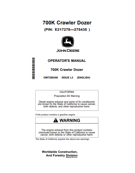 JOHN DEERE 700K CRAWLER DOZER OPERATOR MANUAL OMT288306