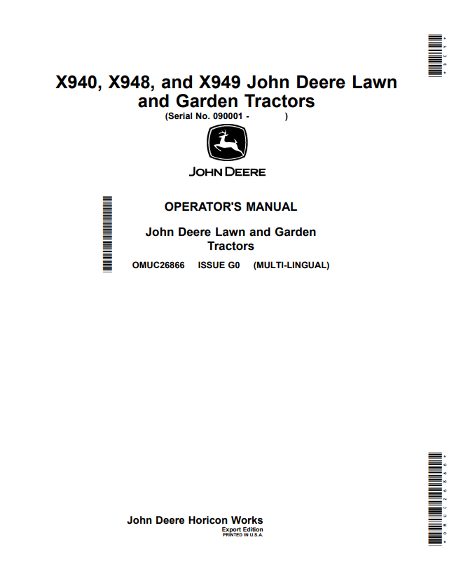 JOHN DEERE X940, X948, AND X949 LAWN AND GARDEN TRACTOR OPERATOR MANUAL OMUC26866