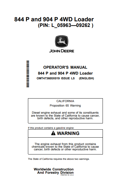 JOHN DEERE 844 P AND 904 P 4WD LOADER OPERATOR MANUAL OMT473605X019