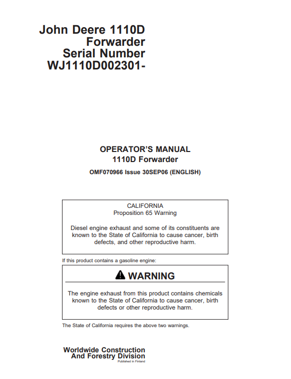 JOHN DEERE 1110D FORWARDER OPERATOR MANUAL OMF070966