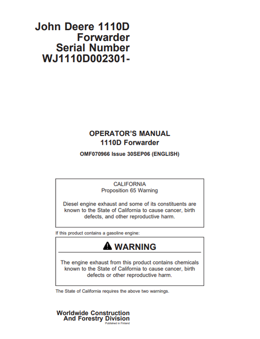 JOHN DEERE 1110D FORWARDER OPERATOR MANUAL OMF070966