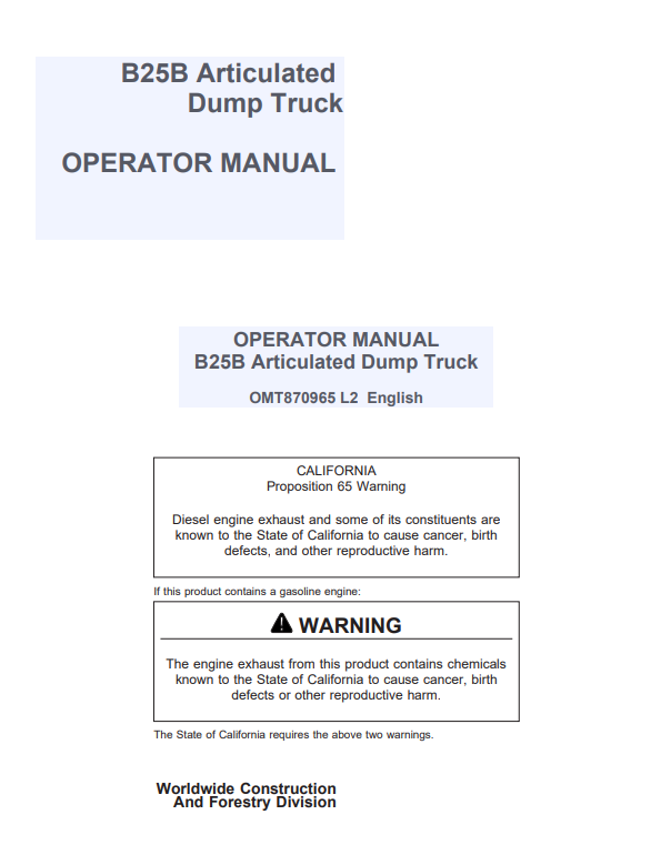 JOHN DEERE B25B ARTICULATED & DUMP TRUCK OPERATOR MANUAL OMT870965