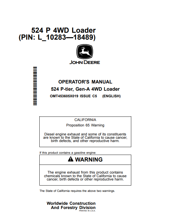 JOHN DEERE 524 P-TIER, GEN-A 4WD LOADER OPERATOR MANUAL OMT453605X019