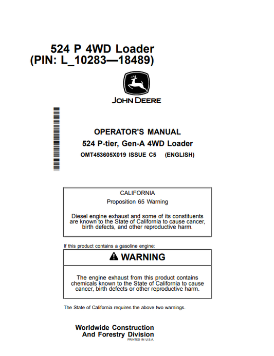 JOHN DEERE 524 P-TIER, GEN-A 4WD LOADER OPERATOR MANUAL OMT453605X019