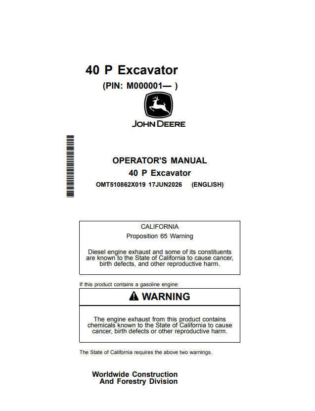 JOHN DEERE 40 P EXCAVATOR OPERATOR MANUAL OMT510862X019