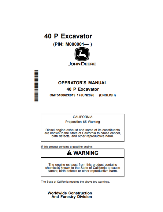 JOHN DEERE 40 P EXCAVATOR OPERATOR MANUAL OMT510862X019