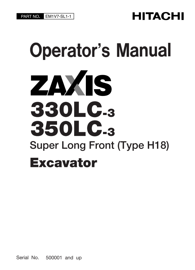 HITACHI ZAXIS 330LC-3, 350LC-3 EXCAVATOR OPERATOR MANUAL EM1V7SL11