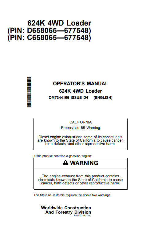 JOHN DEERE 624K 4WD LOADER OPERATOR MANUAL OMT344166