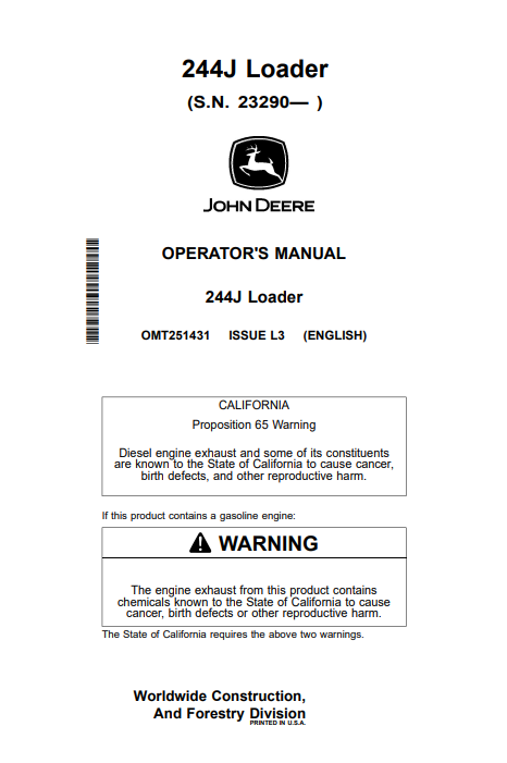 JOHN DEERE 244J LOADER OPERATOR MANUAL OMT251431