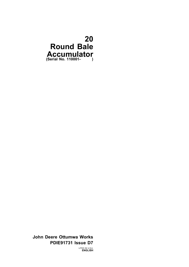 JOHN DEERE 20 ROUND BALE ACCUMULATOR PRE DELIVERY INSTRUCTION MANUAL PDIE91731
