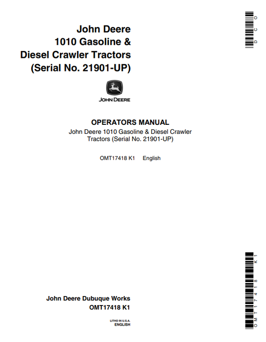 JOHN DEERE 1010 GASOLINE &amp; DIESEL CRAWLER TRACTOR OPERATOR MANUAL OMT17418