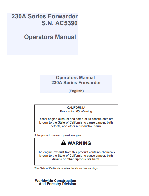JOHN DEERE 230A SERIES FORWARDER OPERATOR MANUAL AC5390