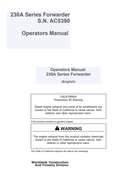 JOHN DEERE 230A SERIES FORWARDER OPERATOR MANUAL AC5390