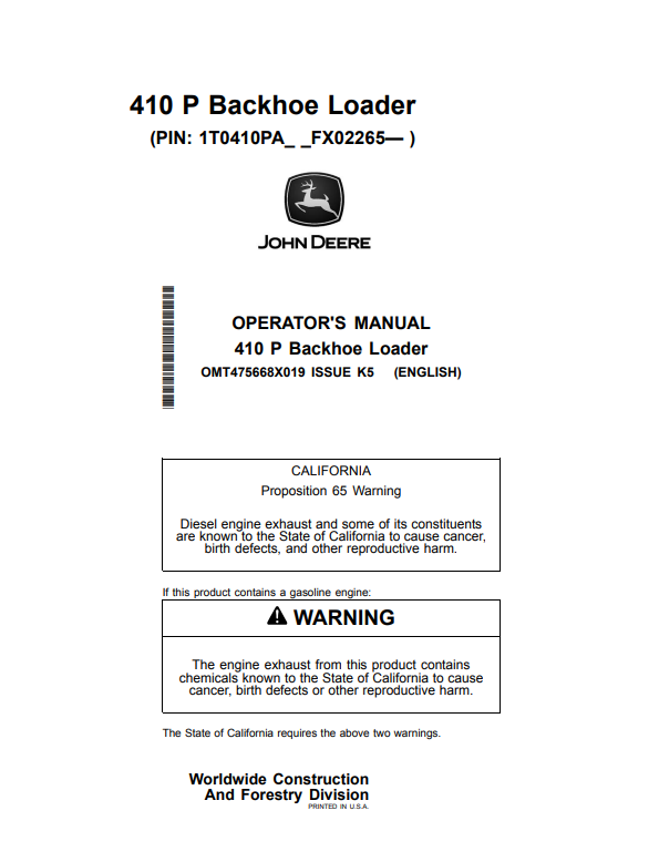 JOHN DEERE 410 P BACKHOE LOADER OPERATOR MANUAL OMT475668X019