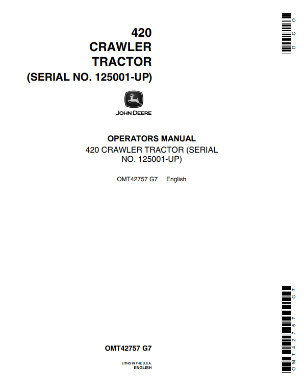 JOHN DEERE 420 CRAWLER TRACTOR OPERATOR MANUAL OMT42757