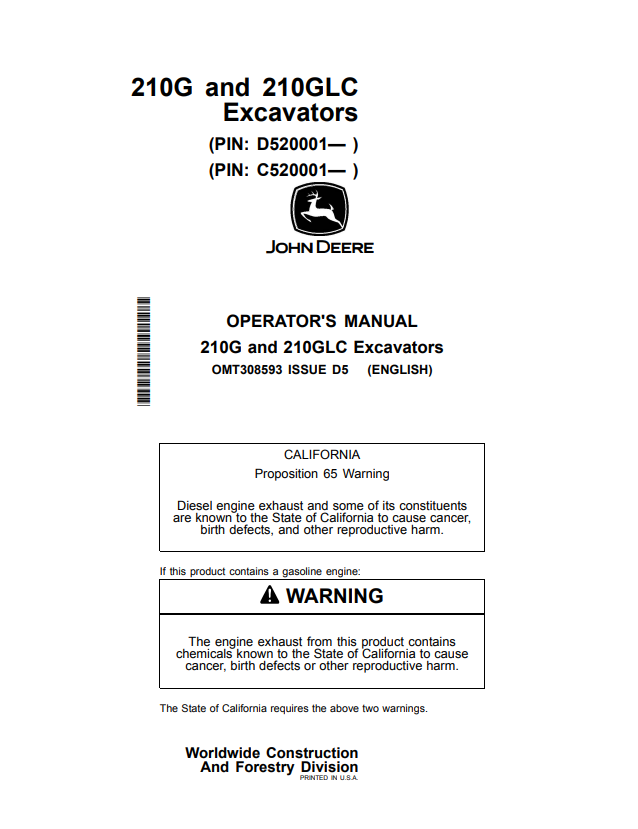 JOHN DEERE 210G AND 210GLC EXCAVATOR OPERATOR MANUAL OMT308593