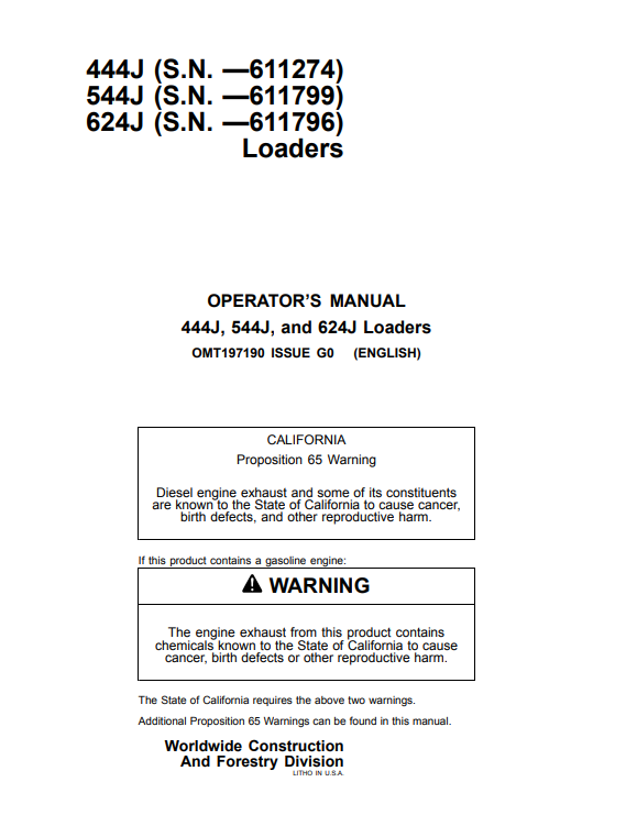 JOHN DEERE 444J, 544J, AND 624J LOADER OPERATOR MANUAL OMT197190
