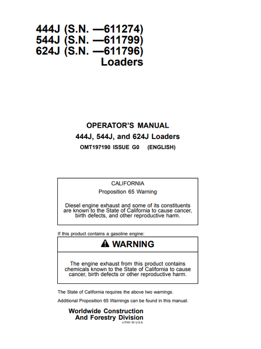 JOHN DEERE 444J, 544J, AND 624J LOADER OPERATOR MANUAL OMT197190