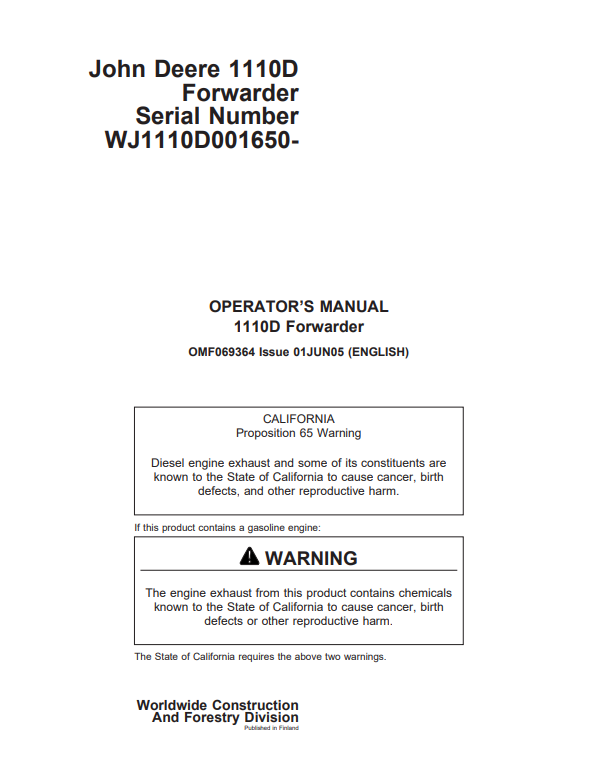 JOHN DEERE 1110D FORWARDER OPERATOR MANUAL OMF069364