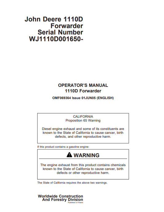 JOHN DEERE 1110D FORWARDER OPERATOR MANUAL OMF069364
