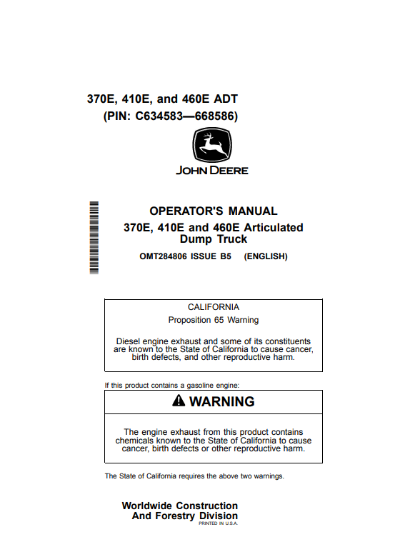JOHN DEERE 370E, 410E AND 460E ARTICULATED DUMP TRUCK OPERATOR MANUAL OMT284806