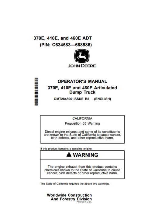 JOHN DEERE 370E, 410E AND 460E ARTICULATED DUMP TRUCK OPERATOR MANUAL OMT284806