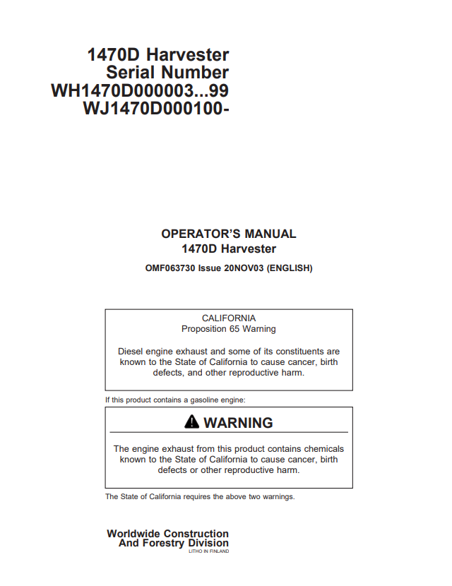 JOHN DEERE 1470D HARVESTER OPERATOR MANUAL OMF063730