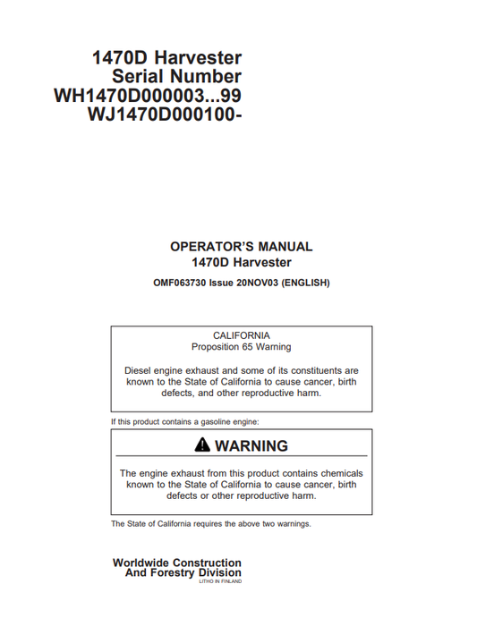 JOHN DEERE 1470D HARVESTER OPERATOR MANUAL OMF063730